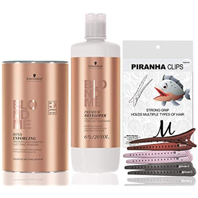 BlondMe Clay Lightener 7+ Bond Enforcing White Dust-Reduced Powder 350 grams, Schwarzkopf BlondMe Developer 6% / 20 Volume 1 Liter, M Hair Designs Piranha Clips (Bundle - 3 items)-Salonbar