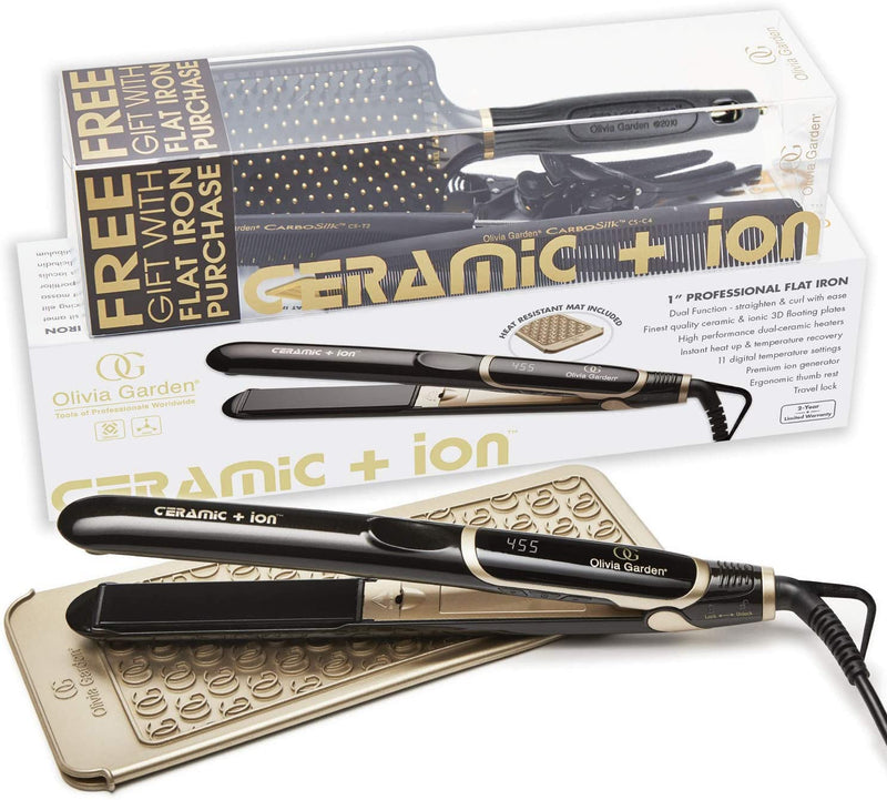 Olivia Garden 1" Ceramic + Ion High Performance Professional Flat Iron Dual Voltage with Heat Resistant Mat/Pouch, 1 Ceramic + Ion Paddle brush, 2 styling combs and 4 Double Sectioning Clips-Salonbar